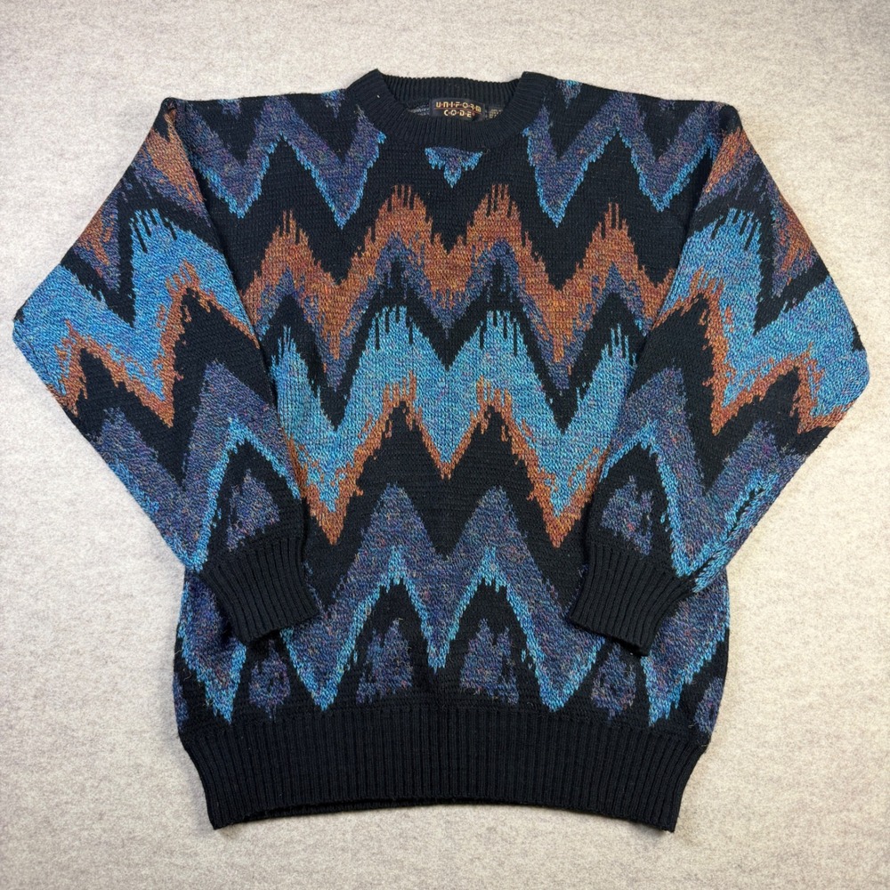 Uniform Code Vintage 90s Chevron Zigzag Knit Sweater Mens LT Blue Copper Black